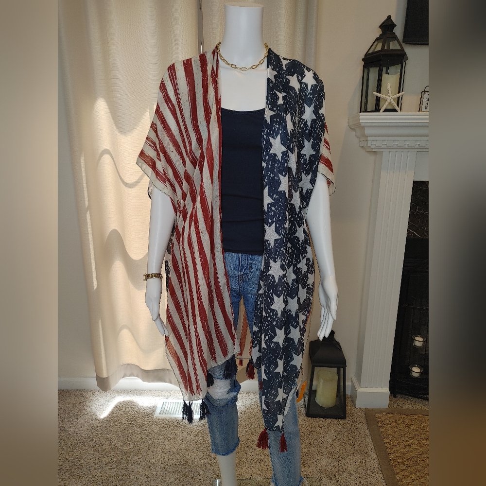 LOF Love Of Fashion American Flag Patriotic Kimono, Red White Blue O/S